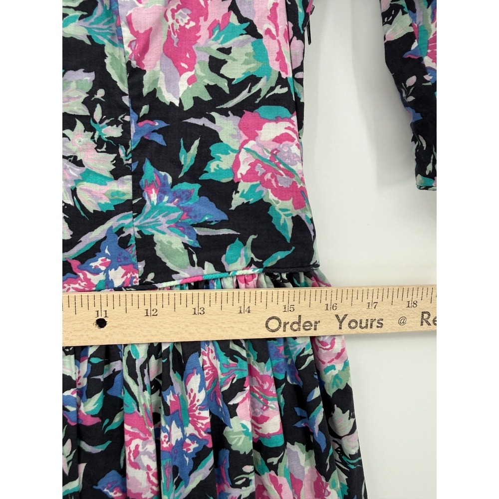 Vintage Laura Ashley Dress Womens 14 Black Pink Floral Cotton Pockets Cottage - Picture 9 of 10